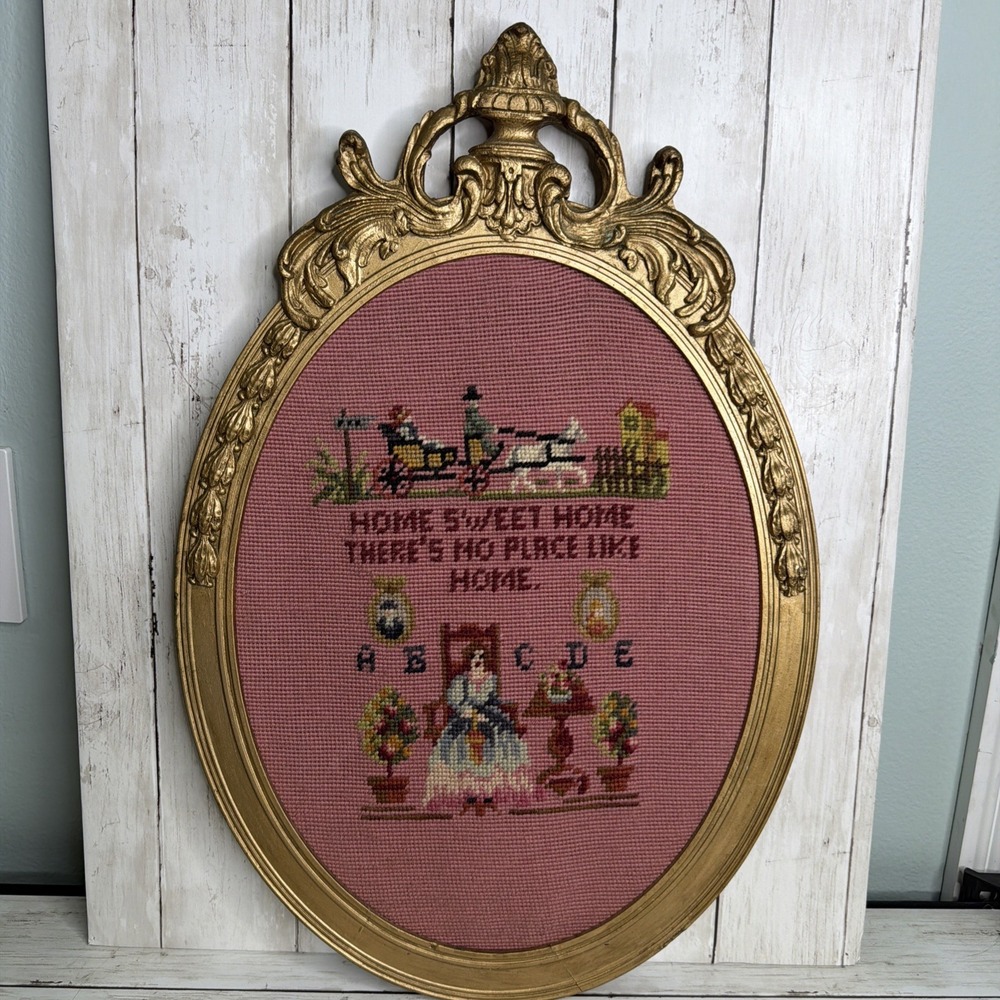 Vintage Framed Cross Stitch Embroidered Home Sweet Home No Place Like Home